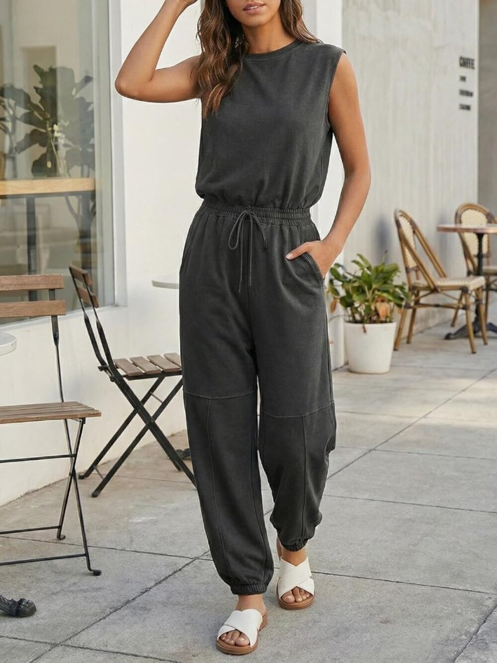 Women's Summer Long Jumpsuit Grey2 Round Neck Sleeveless Wide Leg with Pockets - Picture 4 of 6
